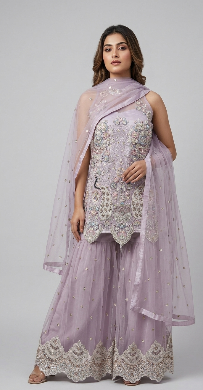 Lilac Hand-Embroidered Peacock Sharara Set
