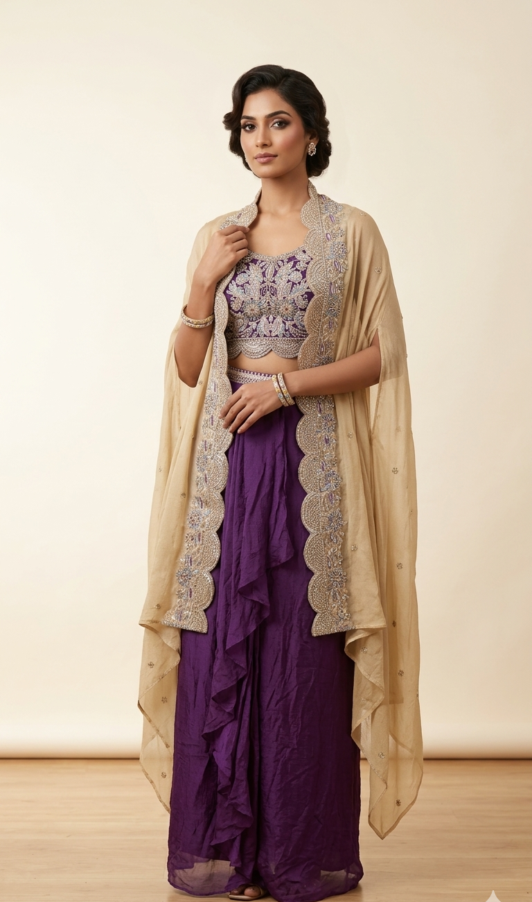 Purple pre-drape with cape Indo-Western Dress