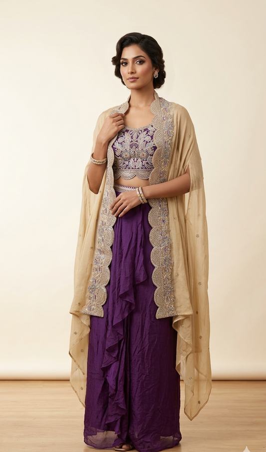 Purple pre-drape with cape Indo-Western Dress